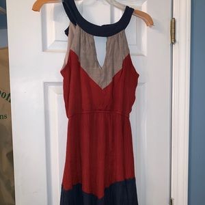 blue tan red cross stitch dress